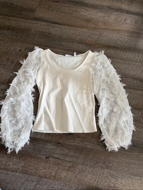 Feather-Trim White Long-Sleeve Scoop Neck Top